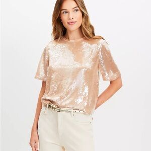 Loft Sequin Short Sleeve Top in Champagne Sz XL